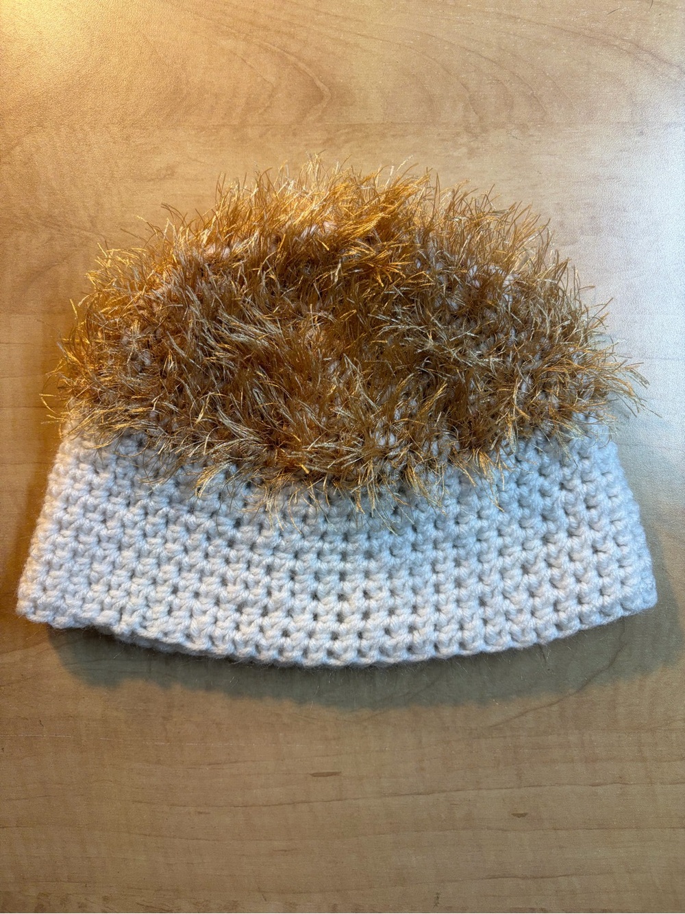 Handmade Fuzzy Cozy Crochet Beanie Hat White Gold Tan Shaggy Eyelash Yarn